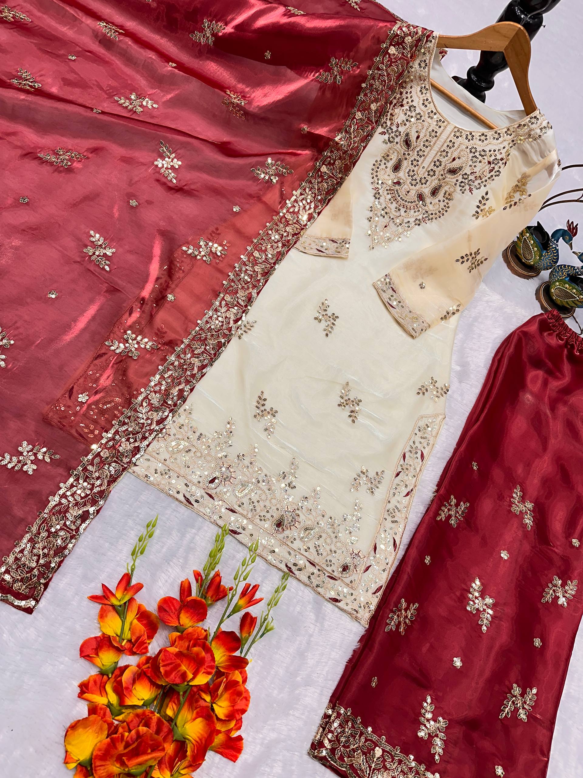 Regal Pearl & Burgundy Palazzo Couture